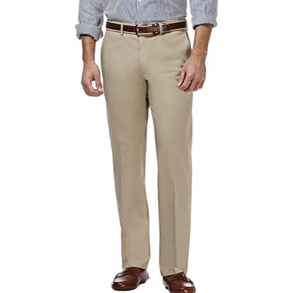 HAGGAR Clothing Mens Pants Khaki Straight Fit 42W X 30L Flex Stretch Flat Front